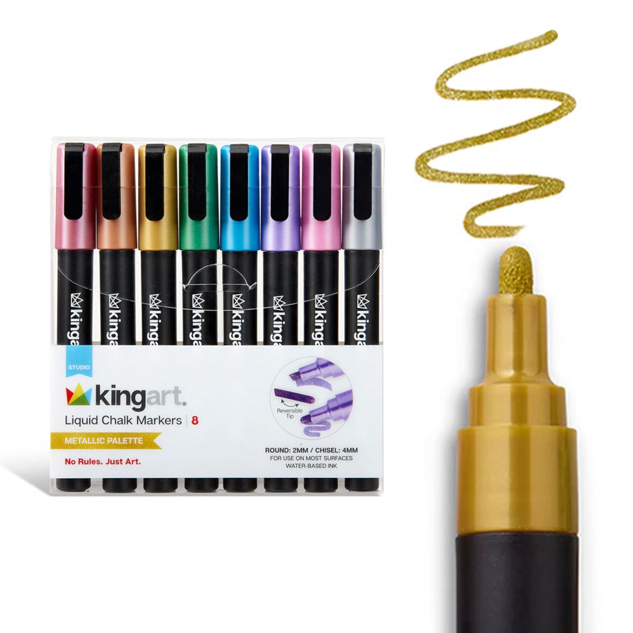 KINGART® Liquid Chalk Markers, Metallic Colors, Round & Chisel Tip, Set of 8